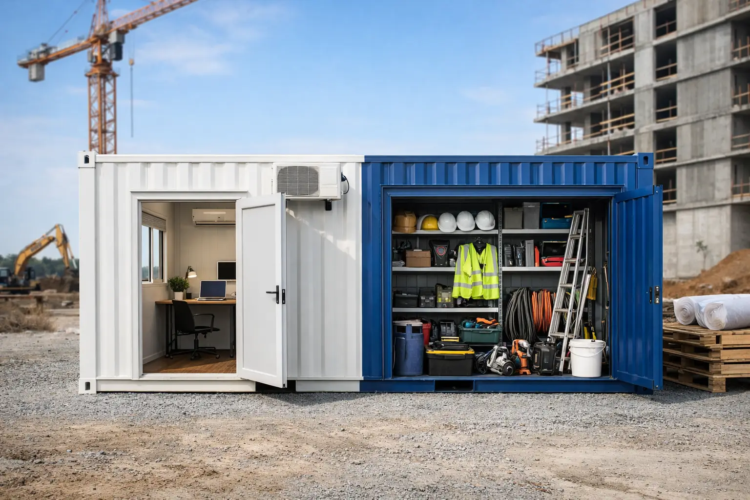 Contenedor oficina con almacenamiento para obra